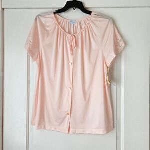 Vintage Lorraine Sz Large Pink Lace Trim Short Sleeve Pajama Nylon 80s Feminine‎